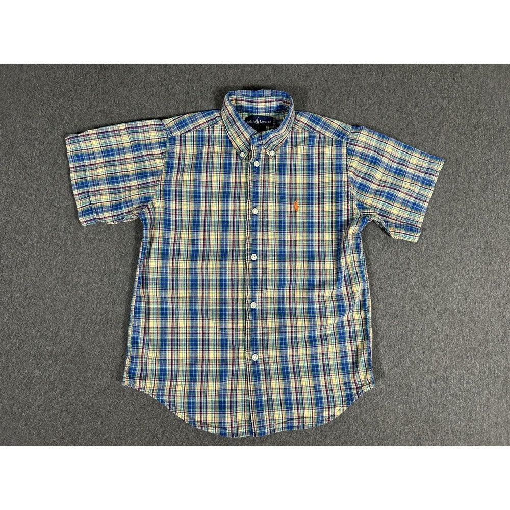 Ralph Lauren Plaid Button Down Shirt Kids Size 7 Blue Yellow Madras Short Sleeve